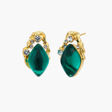 Gold-plated stud earrings featuring teardrop emerald green liuli stones with cubic zirconia crystal accents on white background.
