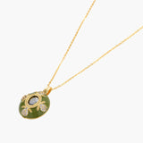 Gold-plated pendant necklace with green enamel background and oval olive cubic zirconia center stone with crystal accents.