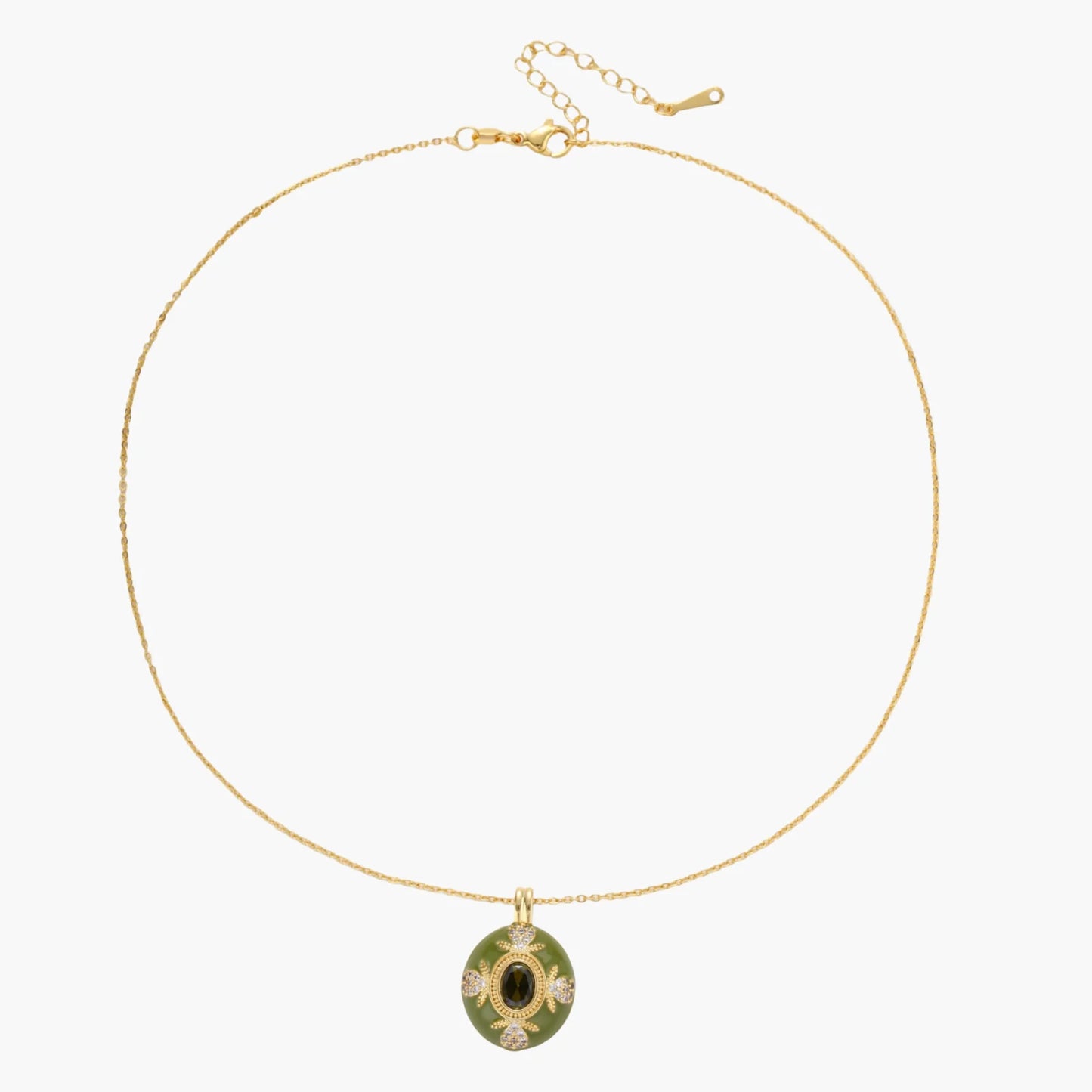 Gold-plated pendant necklace with green enamel background and oval olive cubic zirconia center stone with crystal accents.