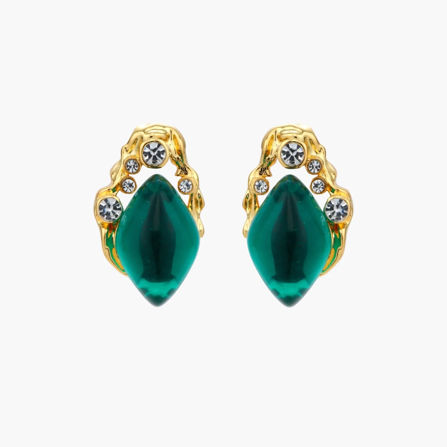 Gold-plated stud earrings featuring teardrop emerald green liuli stones with cubic zirconia crystal accents on white background.