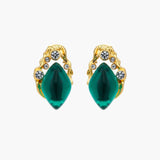 Gold-plated stud earrings featuring teardrop emerald green liuli stones with cubic zirconia crystal accents on white background.