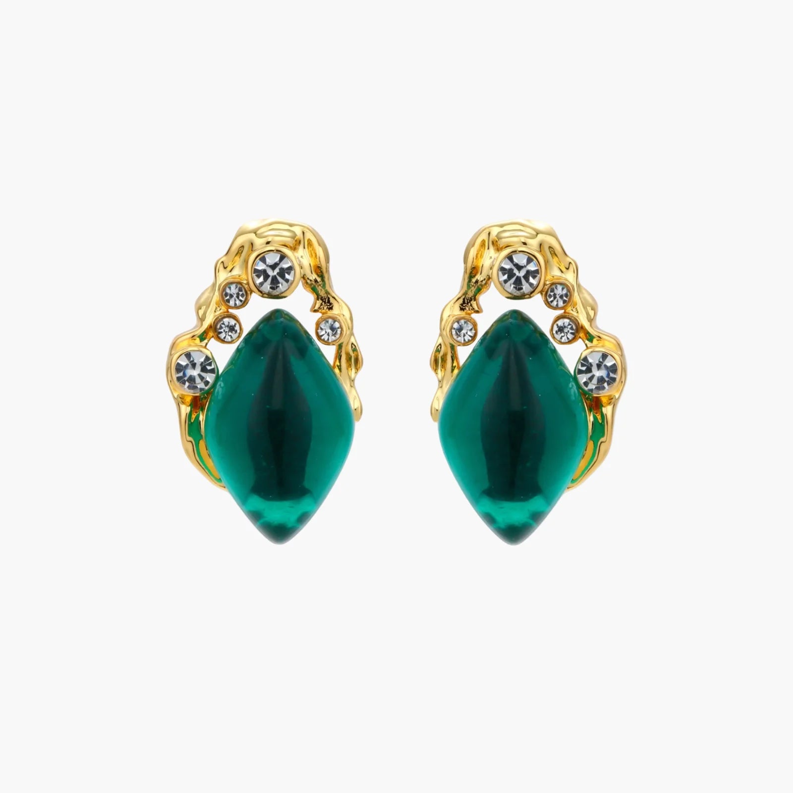 Gold-plated stud earrings featuring teardrop emerald green liuli stones with cubic zirconia crystal accents on white background.