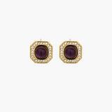 Gold-plated octagonal stud earrings with burgundy liuli centers and cubic zirconia halos on white background