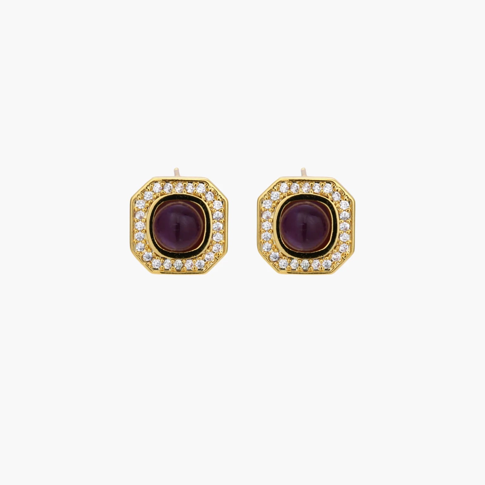 Gold-plated octagonal stud earrings with burgundy liuli centers and cubic zirconia halos on white background